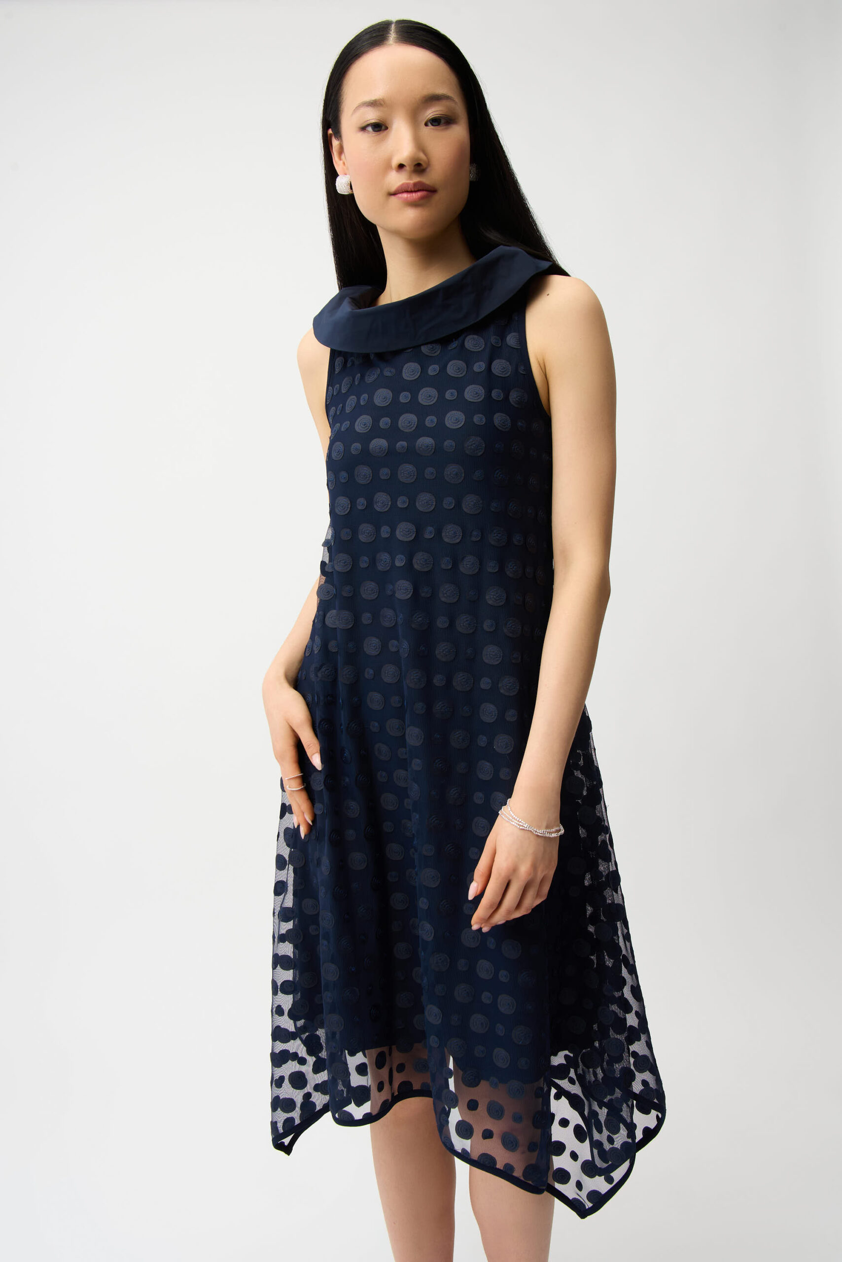 JOSEPH RIBKOFF - Dot Embroidered Mesh Handkerchief Dress With Cowl Collar (261299)