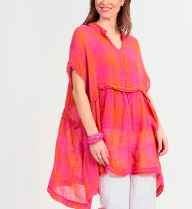 GRIZAS - Loose Large Check Pink Orange Gauze Linen Tunic (52744-L417)