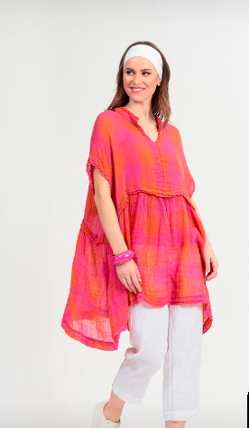 GRIZAS - Loose Large Check Pink Orange Gauze Linen Tunic (52744-L417)