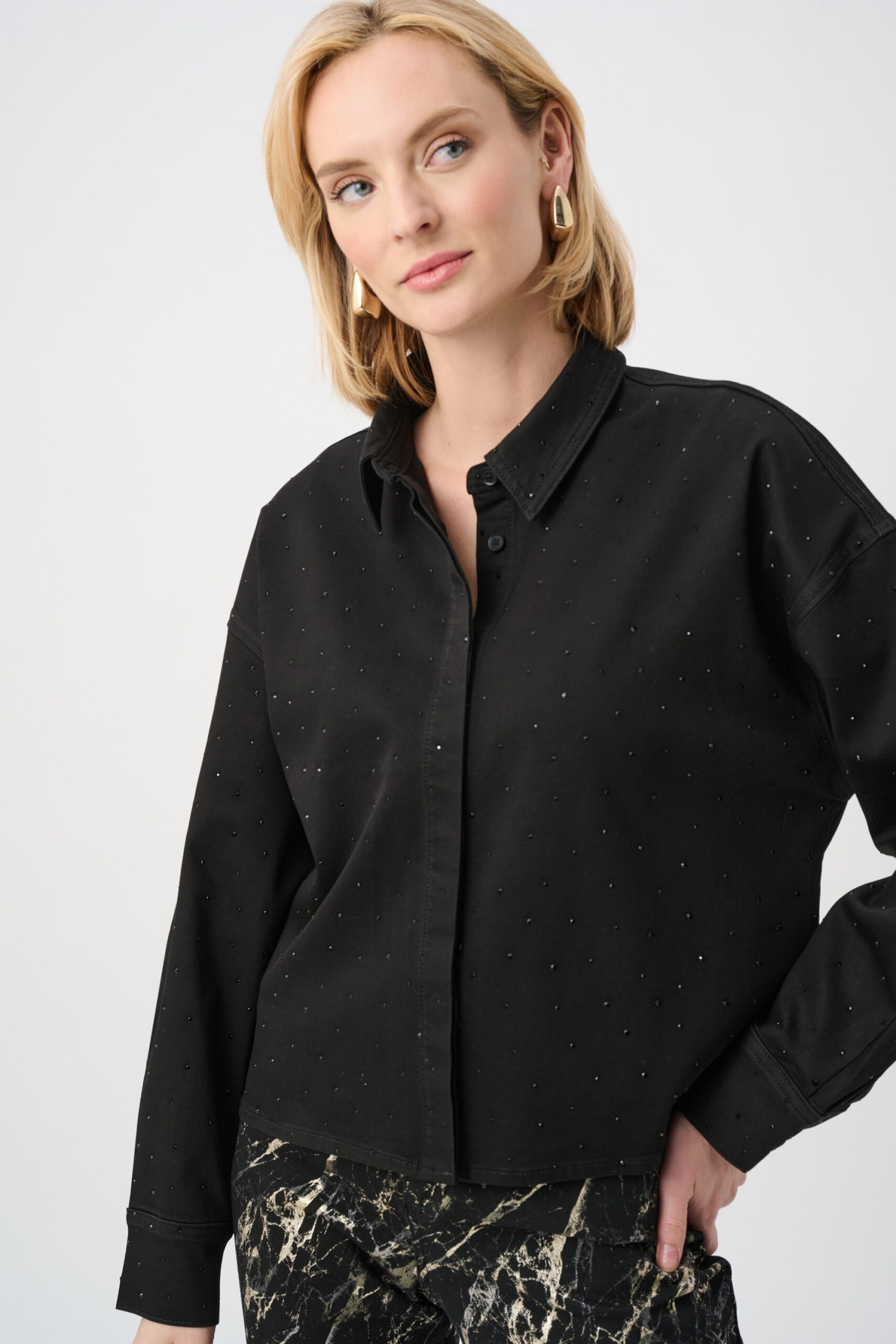 JOSEPH RIBKOFF - Featherweave Denim Cropped Blouse With Rhinestone Detail (263965)